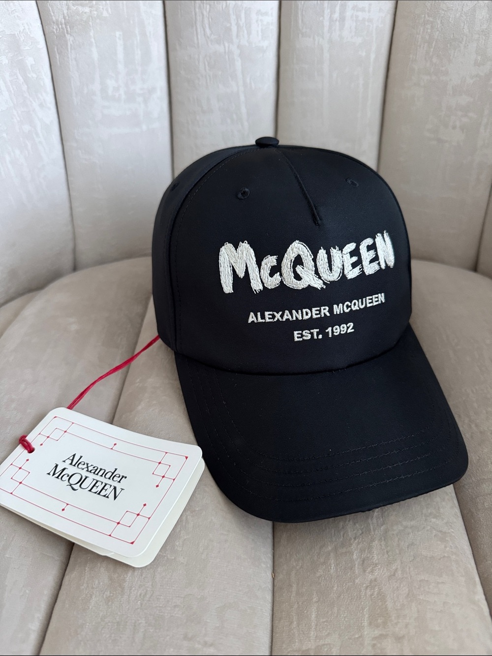 Alexander McQueen Black Cap with White Embroidered McQUEEN Logo